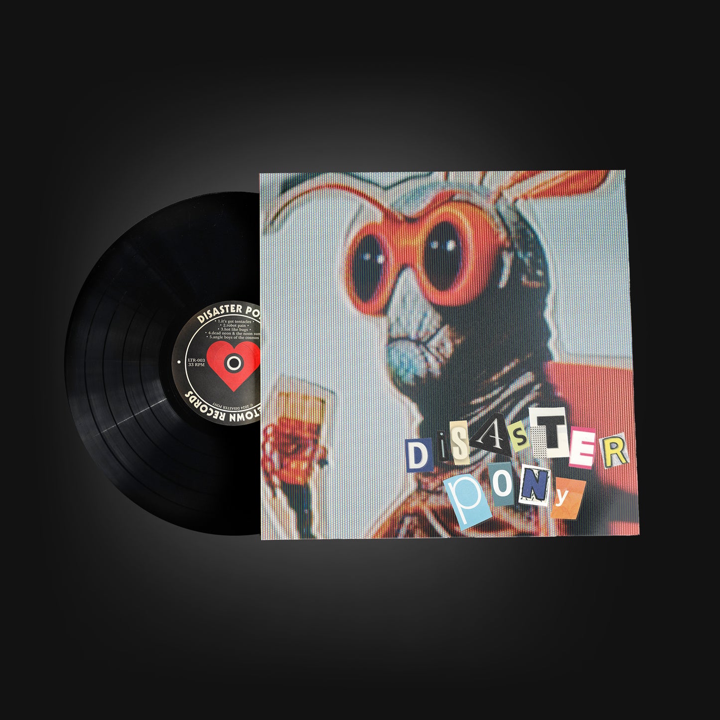 A black vinyl record with the printed cover jacket. The record has a red heart in the centre with the names "Disaster Pony" and "LOVETOWN RECORDS" printed on it. The jacket has a digital image of a bug with goggles on, drinking a cocktail. The name "DISASTER PONY" is printed on the jacket cover with letters cut out of a magazine.