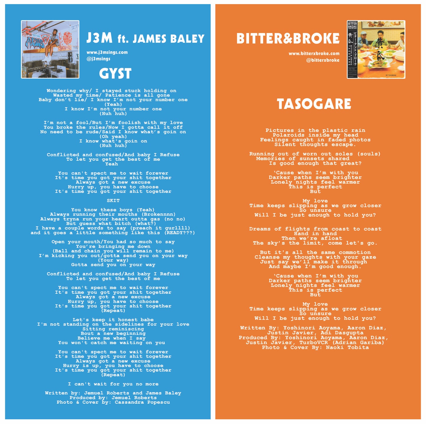 Limited Edition 7-inch White Vinyl Record - J3M, G.Y.S.T. feat. James Baley / Bitter&Broke, Tasogare